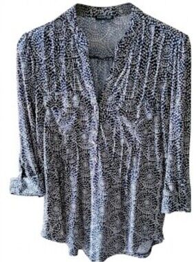 Ava & Grace Blue & White Dotted Geometric Henley Blouse - 3/4 Roll-Tab Sleeve